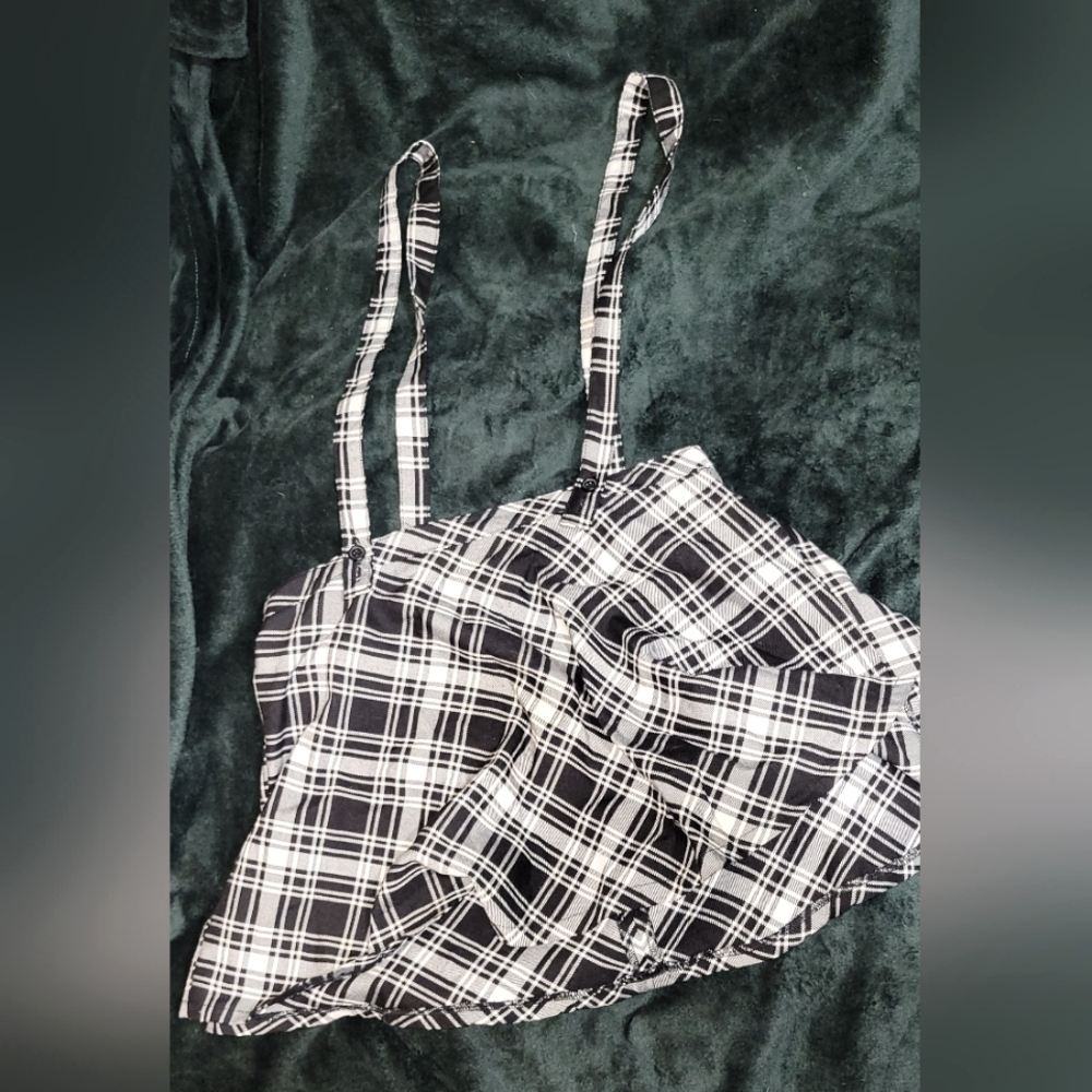 TRIPP NYC Black and White Plaid Suspender Skirt